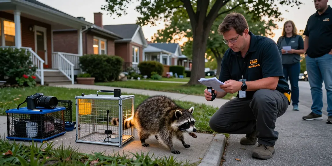 Raccoon removal Toronto expert safely capturing raccoon in urban neighborhood with humane traps.