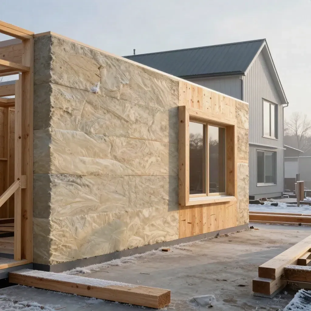 Passive-house wall layers, cedar offcuts, and a window mockup beside a finished facade in winter light.