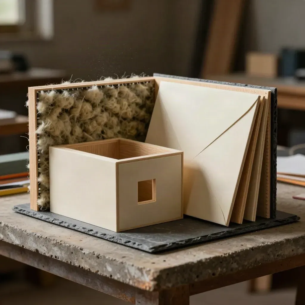 Passive-house materials beside a small model, showing an energy-modelling study in workshop light.