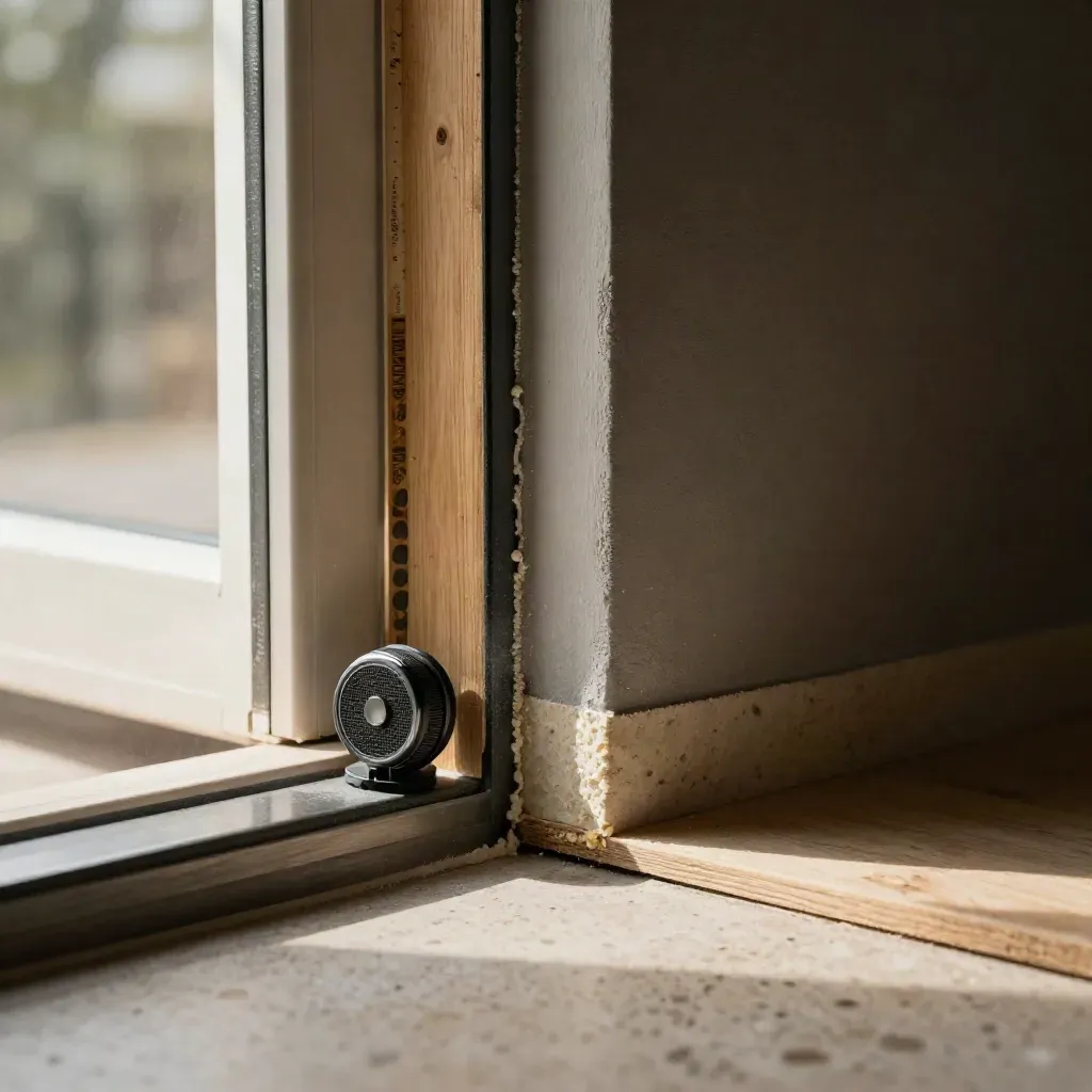 Blower-door fan testing a sealed wall corner at a doorway threshold, with dust in cold air.