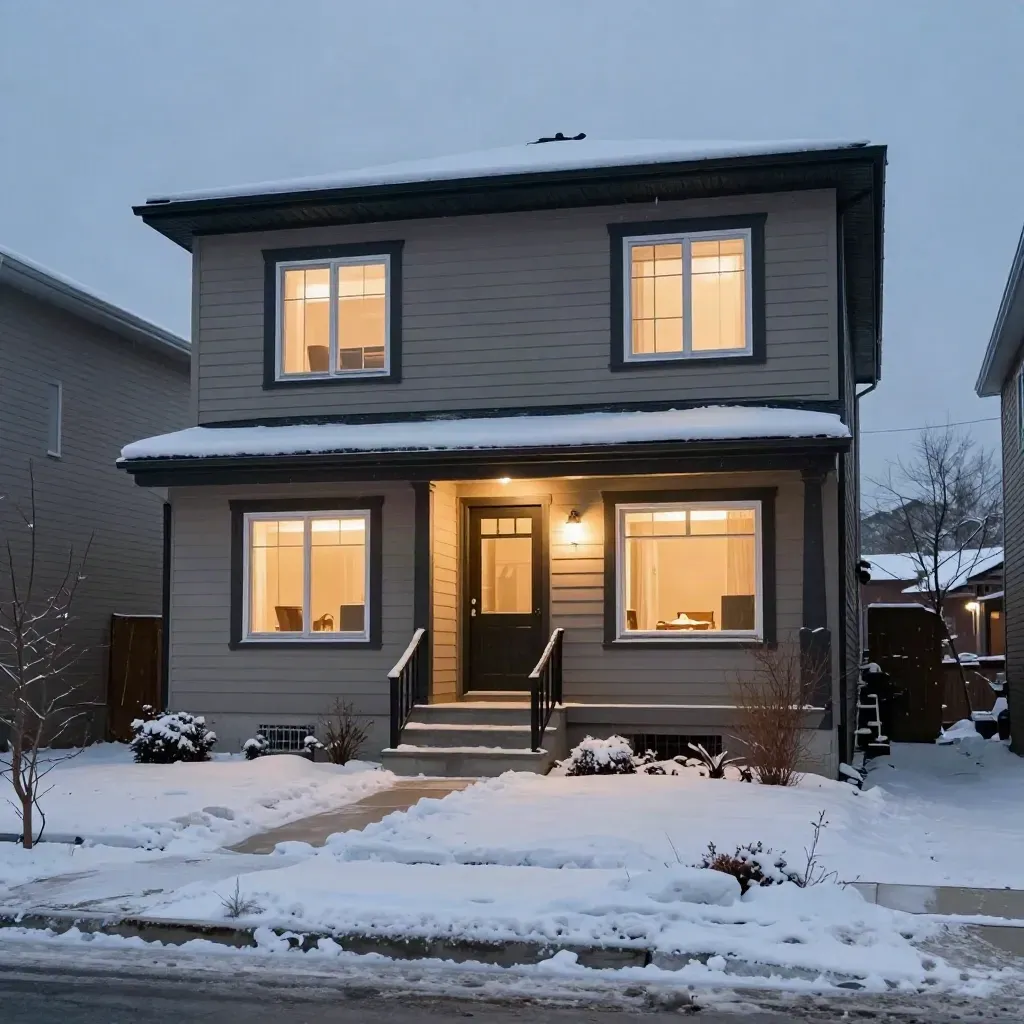 Snowy Ottawa bungalow at dusk with warm-lit windows and a deep insulated roofline.