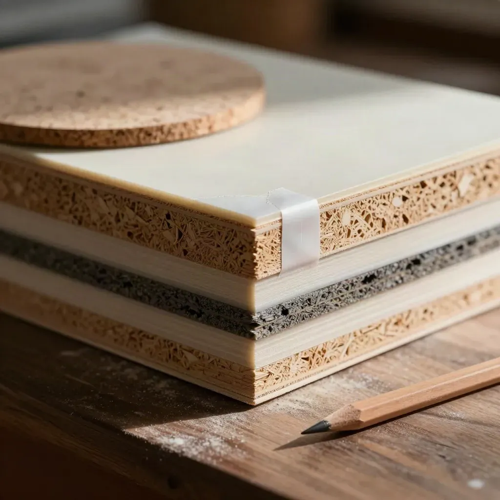 Macro of passive house wall samples, cork disk and sealed corner detail on a walnut bench.