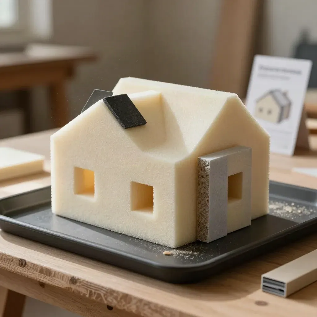 Passive house model kit with foam block, roof wedges, insulation sample and corner detail on a tray.
