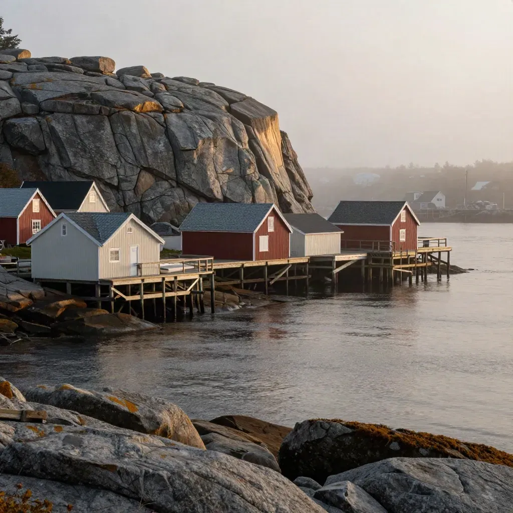 Foggy granite shoreline and small harbour buildings above calm water.